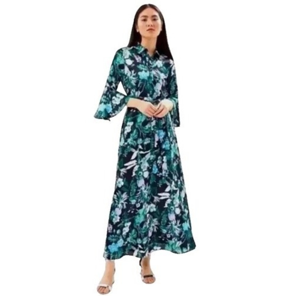 Banana Republic Floral Maxi Dress Womens 10 Teal Green Tropical Bell Sleeve NEW